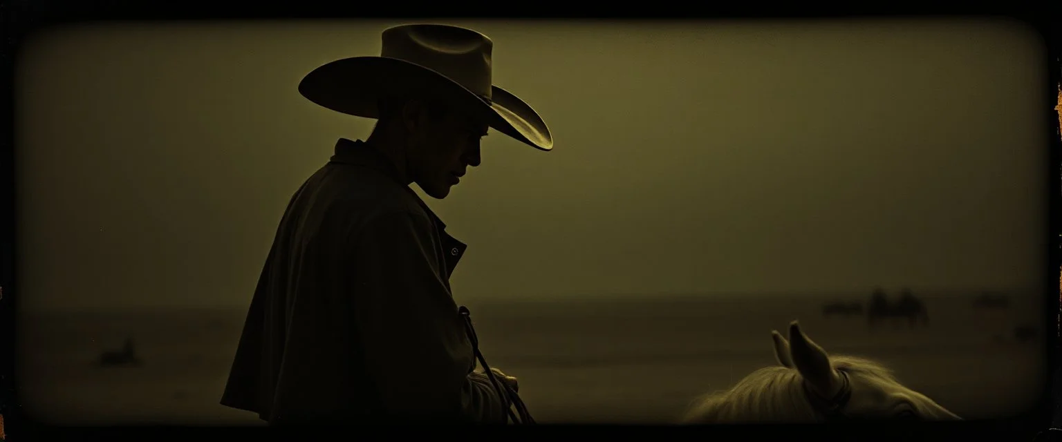 STYLE: gritty 19th-century gothic photography, Zdzisław Beksiński surrealism, Caravaggio chiaroscuro, tactile analog grain, pinhole-camera softness, heavy vignetting, scratched emulsion, rugged irregular photo border. SCENE: alien cowboy, completely absorbed in the mundane task.