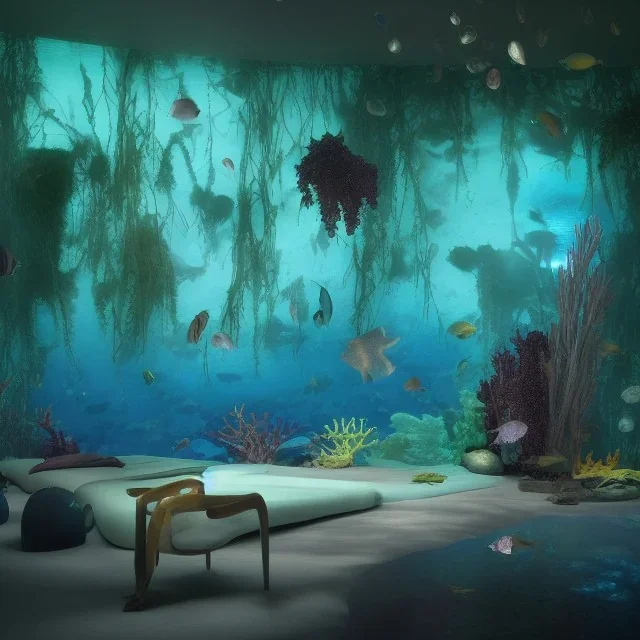 a gorgeous, stunning underwater room with glass wall, livingroom, dark wood floor, foliage, ocean marine life, 8k resolution, high-quality, fine-detail, iridescent, intricate, digital art, detailed matte, volumetric lighting, illustration, 3D octane render, brian froud, howard lyon, selina french, anna dittmann, annie stokes, lisa parker, greg rutowski, George Grie, Ben Goossens, Igor Morski