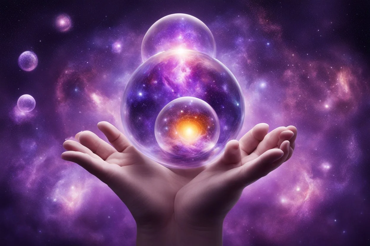 kundalini, connected to the universe, few colours of galaxy, holding galaxies in few hands in glass balls, purple colours and few more colours