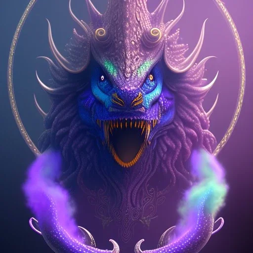 purple mythical creature in galaxy, teal and purple smoke, detailed, realistic, 4k