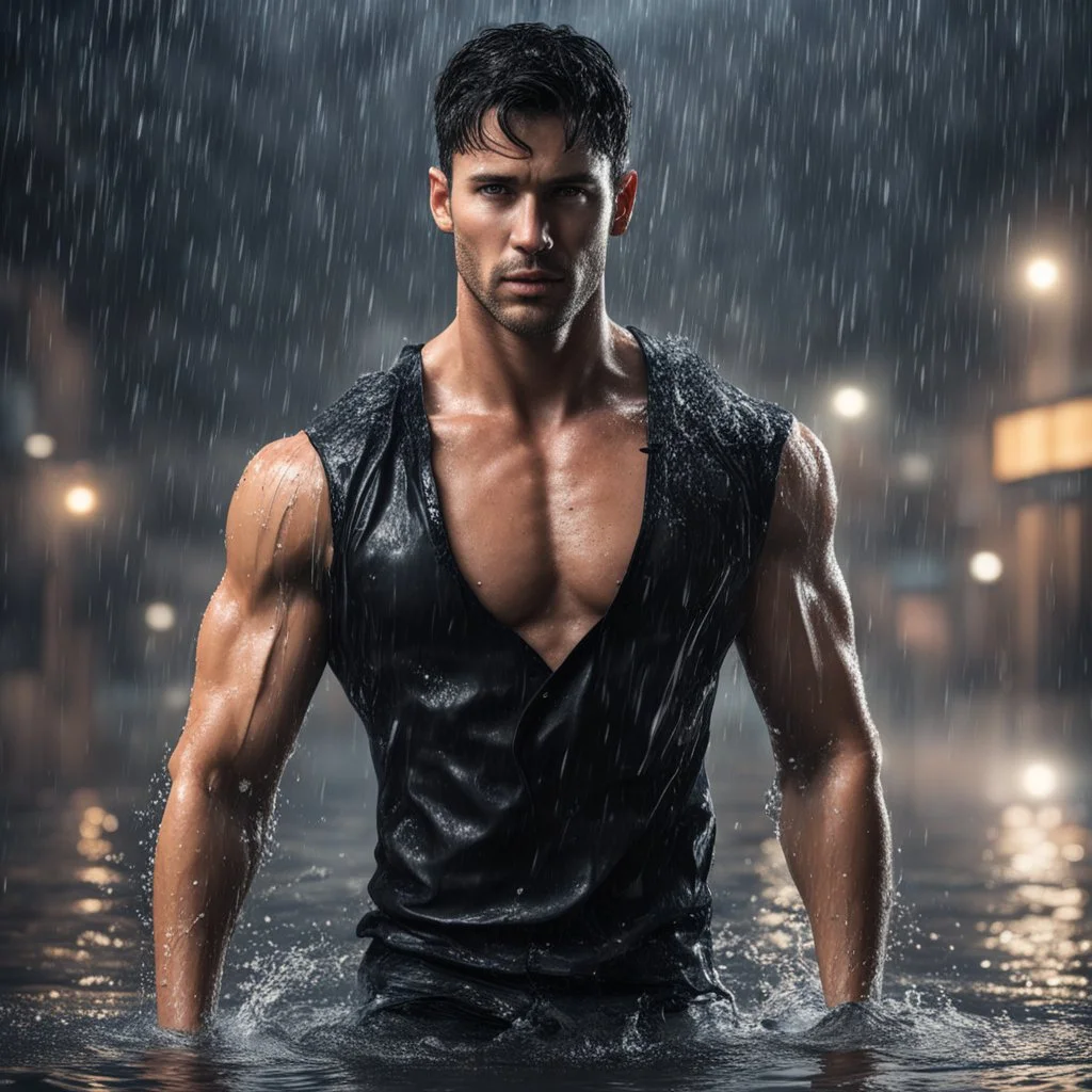 Hyper realistic Extremely Handsome shirtless with short black hair muscular man wearing black shirt getting wet in a rainy night