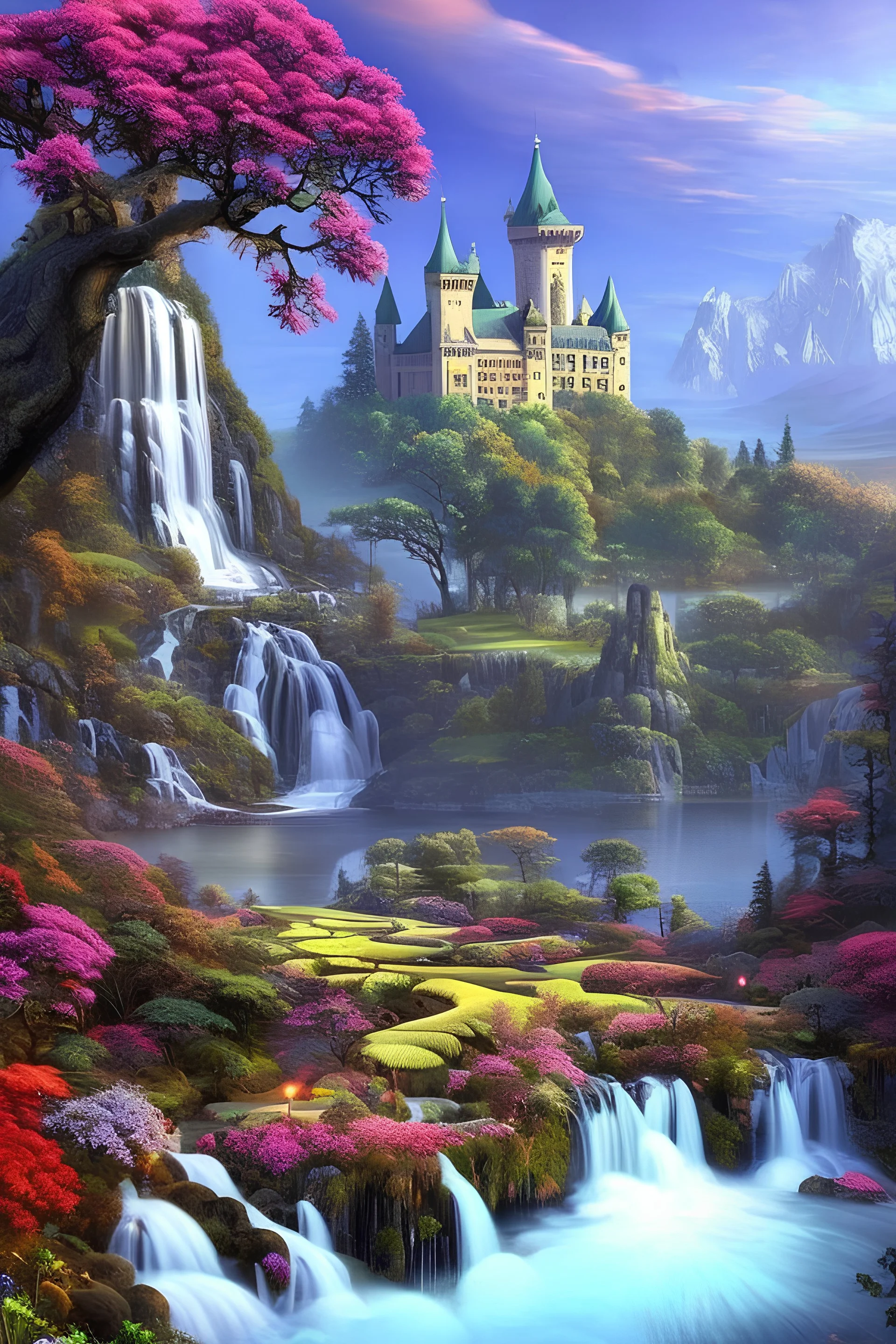 paesaggio surreale con castelli e giardini, fiori, cascate, bellissimi alberi