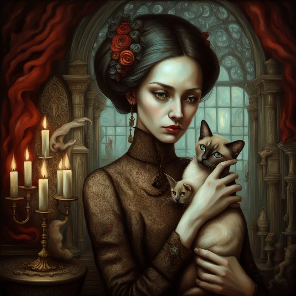 woman with Siamese cat in Gothic, Realism, Romantism, GothicNeo, Surrealism.