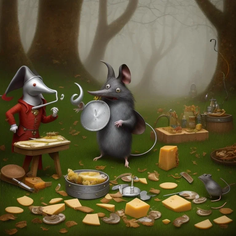 A Plague Doctor (AND) a Mouse having a port & cheese party in a forest by the river while mushrooms grow beside them, art by Pixar and Dreamworks