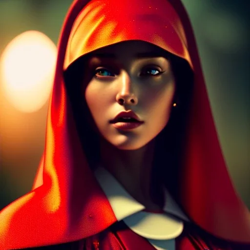 Head to shoulder portrait little red riding hood, by tim burton, cinematic lighting, Hyperrealism, 8k uhd, depth of field, photography, unreal engine, octane render, raytracing, cgi, lumen reflections, cgsociety, ultra realistic, volumetric fog, insanely detailed, intricate golden ratio