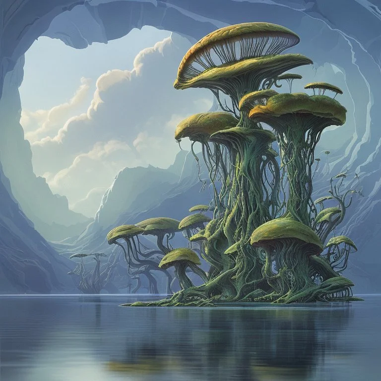 looking out over a lake, in an alien forest, flying mushrooms with jellyfish tenacles formed into gnarled trunks, Roger Dean