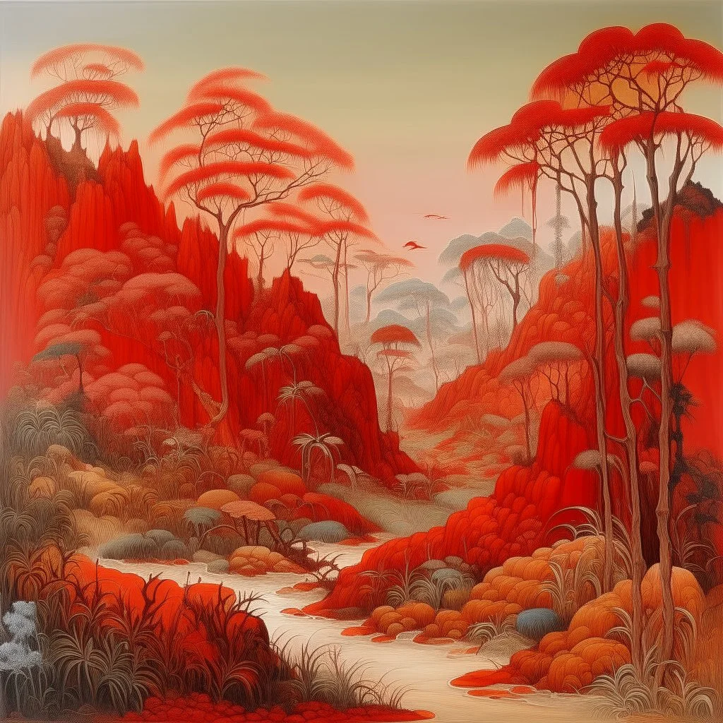 An orangish red jungle near a badland painted by Qiu Ying