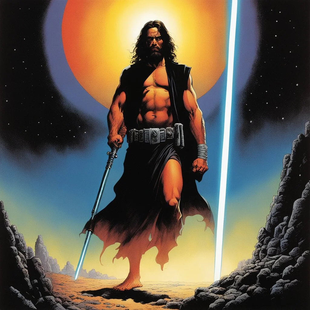 [art by Richard Corben] Jesus with a lightsaber opening the belly of the devil