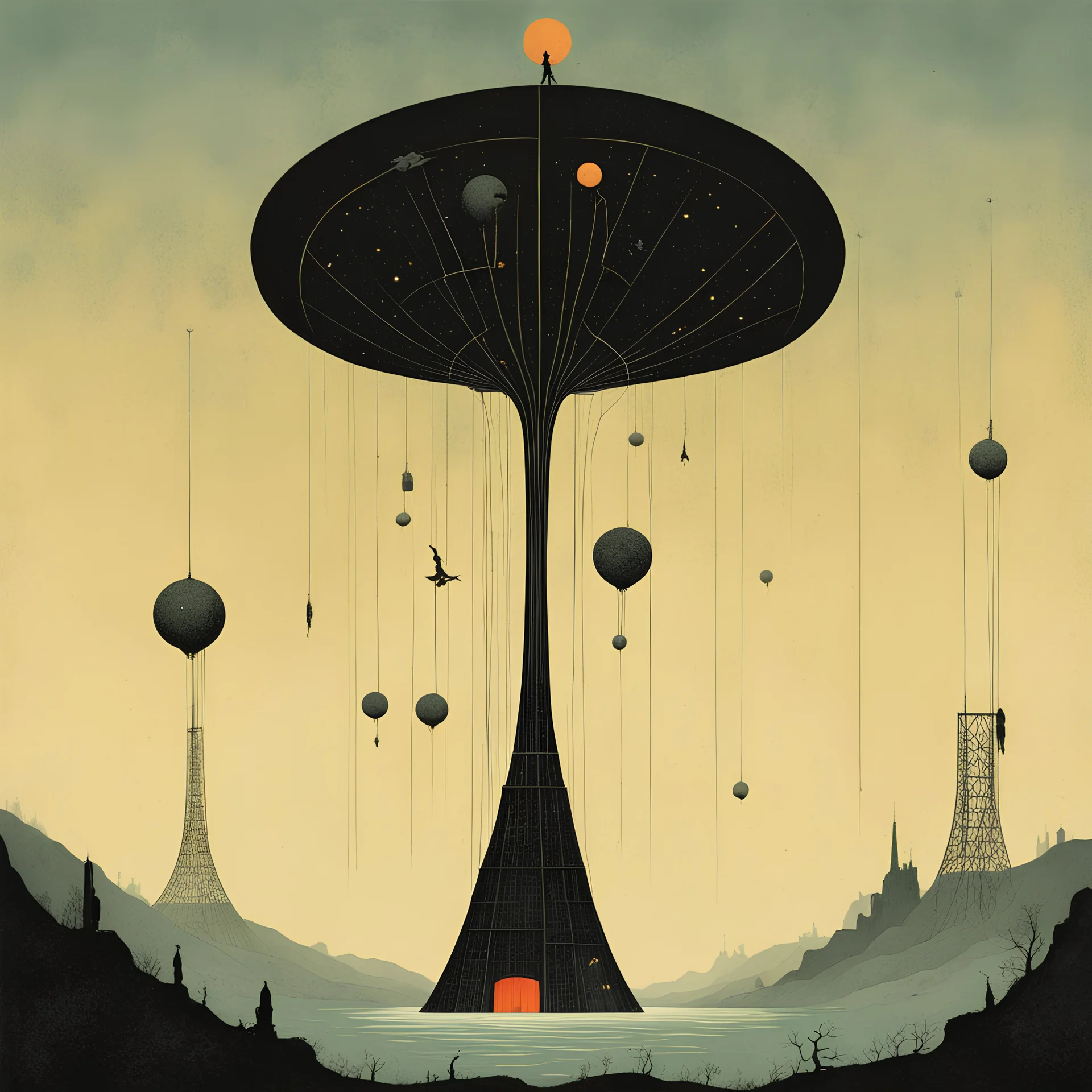 everything has a tail!, Surreal style by Alessandro Gottardo and Joan Miro and Zdzislaw Beksinski, world's fair structure, dark shines a hole in the soul, hot colors and cold hues, eerie, neo-surrealism, creepy, concept art, unbalanced and uncentered