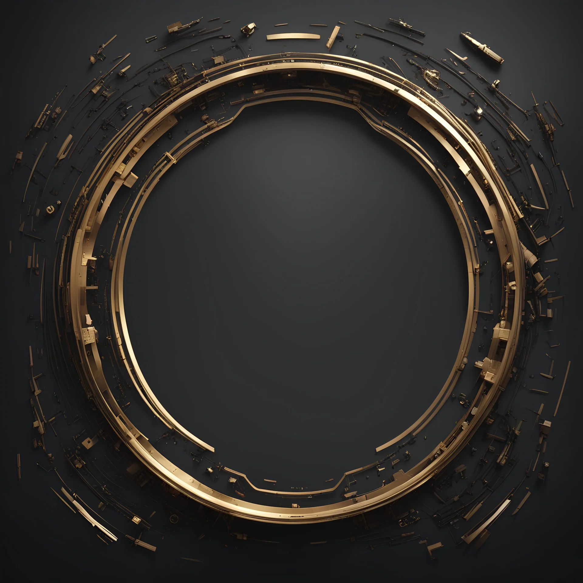 create me a thin round laurel golden rim. not real laurels. but mechanical cyberpunk laurels. background should be #000000 black. no face should be visible. its just the rim. the middle should be empty.