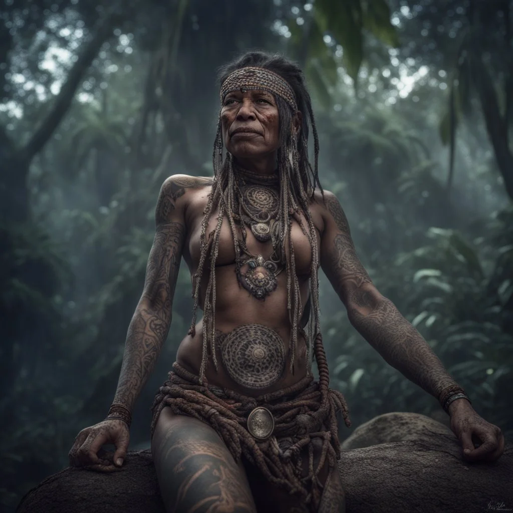 Behold the powerful alluring and pretty amazonic shaman woman, her body adorned with mystical tattoos, in the middle of amazonic jungle. intricate details, HDR, beautifully shot, hyperrealistic, sharp focus, 64 megapixels, perfect composition, high contrast, cinematic, atmospheric, moody