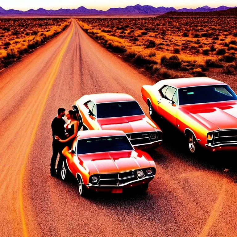 muscle car, married couple driving, desert road, sunset, full colour,