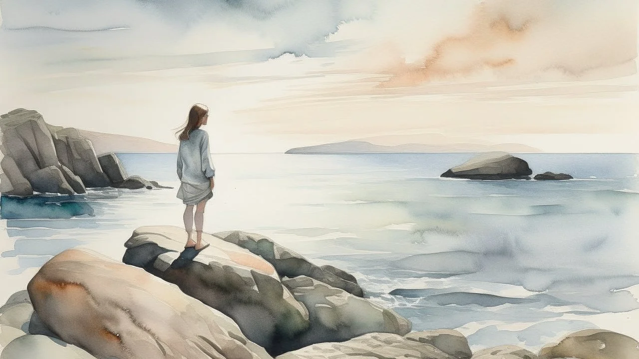 Image is a watercolor painting depicting a serene coastal scene. The layout is horizontal, with a woman standing on rocky terrain in the foreground, gazing towards the horizon. Her skin is depicted in soft, natural tones, and she has her hair tied up. The background features a calm sea with subtle reflections, and distant landmasses are visible on the horizon. The sky is painted in gentle gradients of pink and blue, suggesting either dawn or dusk. The overall style is impressionistic, with smoot