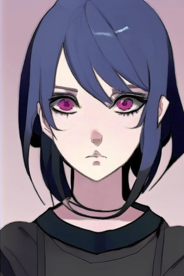 Realistic female teenager with pale skin, big grey eyes, blue and purple shoulder length hair, round face, prominent collarbones, black clothing