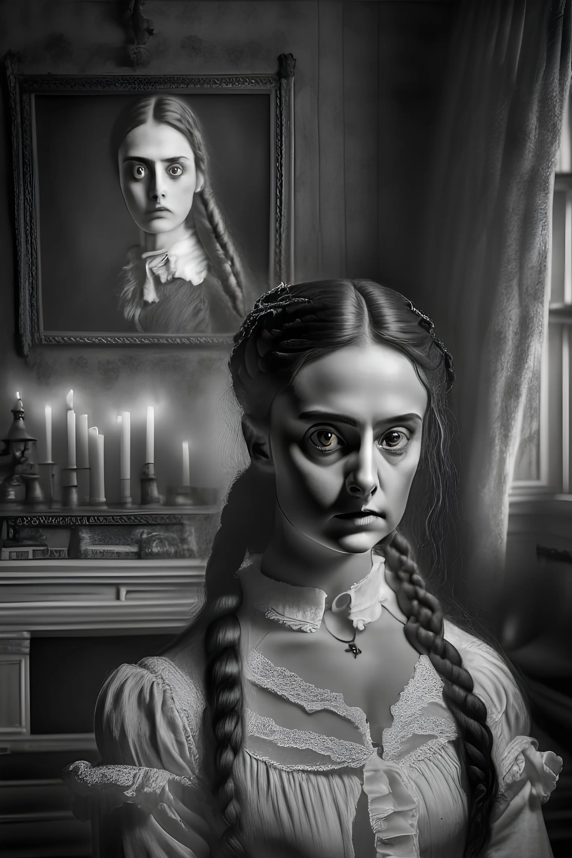 “Victorian living room ghost and young woman, black and white, volumetric lighting, ultradetailed face, realistic portrait, gorgeous face, long braided hair, realistic photograph, by caravaggiom award winning photo, very sharp, full body, ultradetailed, beautiful light, beautiful eyes”