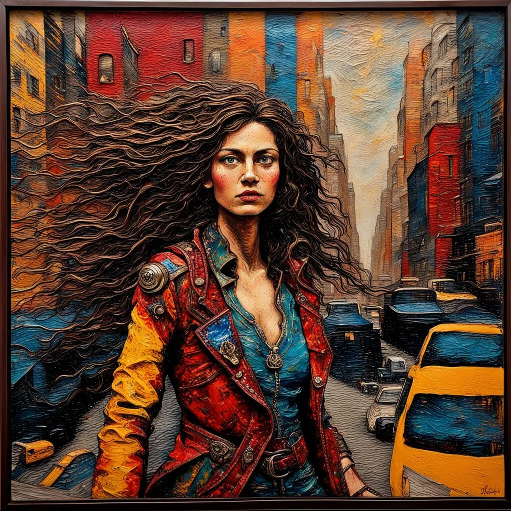 a captivating encaustic and ebru art that portrays a strong, fighter woman confidently navigating the bustling streets of new york city. her wild, brunette flowing hair is adorned with vibrant, colorful rags, and she wears a striking, futuristic outfit composed of rags, trinkets, and a cut-off leather