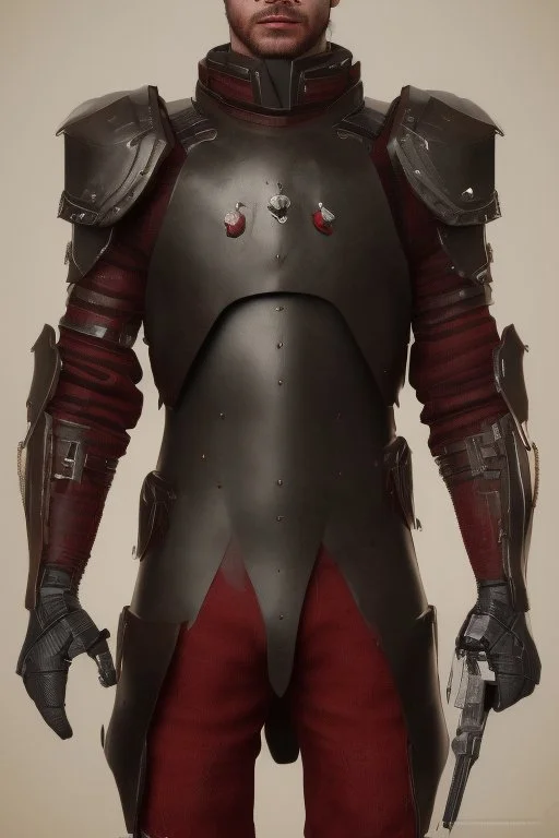 a man modern in military science fiction armor, the armor must be made of spiritual fabric, black and red. a fabric similar to that worn by men of the witch church of the past.