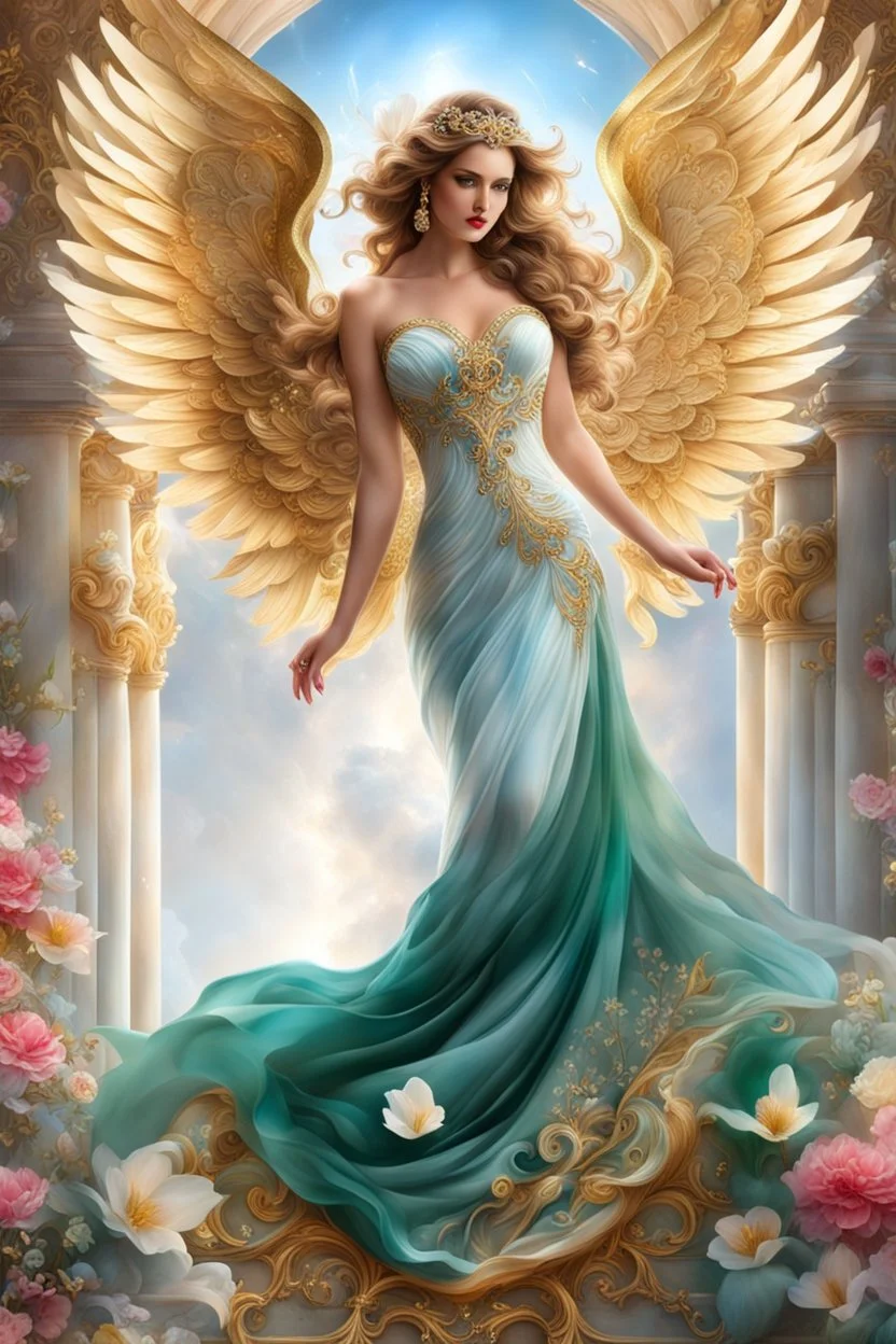 Photography Beautiful Angel wearing a magical gown of swirly flowing marble water gold filigree curlicues, flowering flowers, bloom, sparkle, ornamental gilt, diamonds, rubies, emeralds, sapphires, beautiful, delicate, intricate, elegant, graceful, shiny, Hyperrealism, Rococo, expressive, spherical, zoom out, volumetric lighting