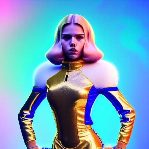 blonde woman teenager, few freckles, gold teeth, feather coat, purpurin, retro futuristic, latex dress, gradient color, BLUE, PINK, CYAN, neon, insanely detailed, 16k resolution, perfect eyes, cinematic smooth, intricate detail