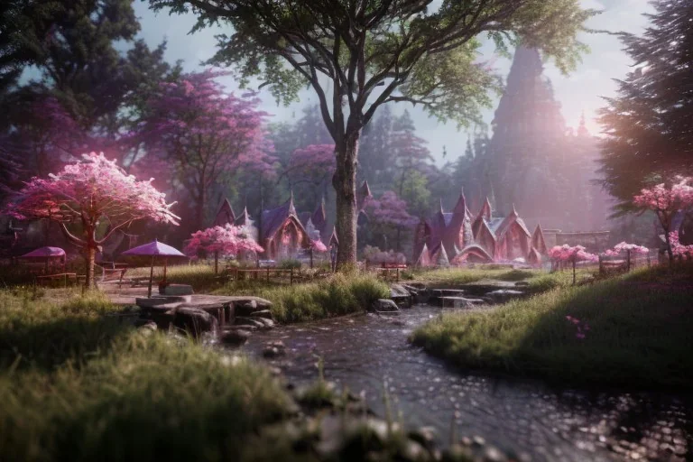 Immersive​ fantasy elven town in the deep forest with beautiful flower pink tree