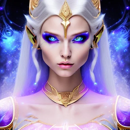 cosmic mage, elf, female, battle mage, epic, cosmic magic, long ears, white hair, face details, pale skin, detailed eyes, jewellery, broad shoulders, glowing eyes, sharp ears, cosmic clothes, bright eyes, cosmic eyes, ears between hair, ears shown, light out of eyes