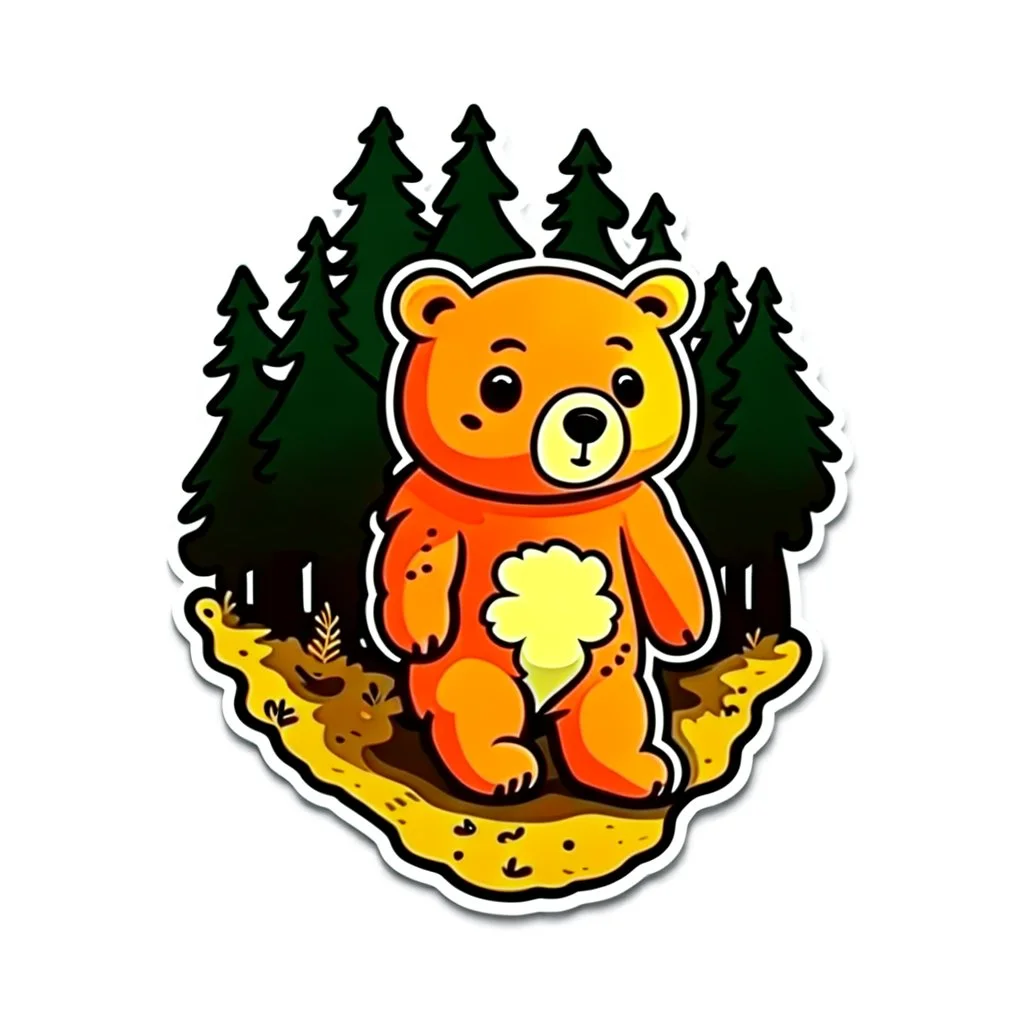 Sticker design on white background, Teddybear walking in a forest, in Don Bluth style, ambient light, high details, photorealistic