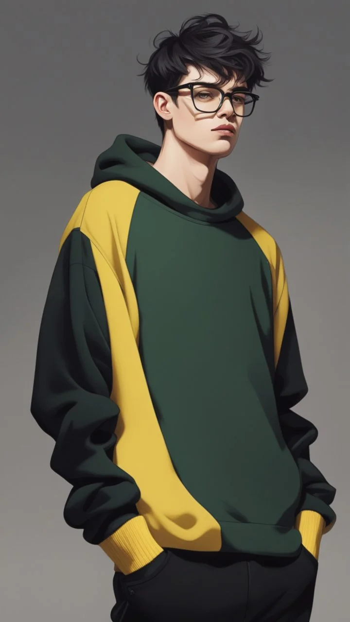 generate a tall guy with green eyes, black short hair, black rectangular glasses, plump lips, wide shoulders, in a black sweatshirt, black pants with pockets on the hips, yellow short socks, in black sneakers, wide shoulders, the guy is crying