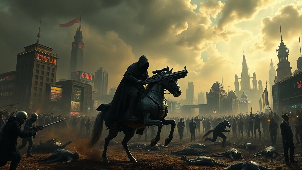 cyberpunk interpretation of Bruegel's "The Triumph of Death", capturing the symbolic "harvest" of humanity. this is terror. A dystopian metropolis under smog sky, where cybernetic soliders reapers are executing physical harvest and many of humans citizens killed army of cyberwarrior androids and robots, panicking running people, many bodies lying on the ground. a cyber-death warrior in black hood with futuristic gun on a mechanical robot horse, thriller, detailed, cinematic