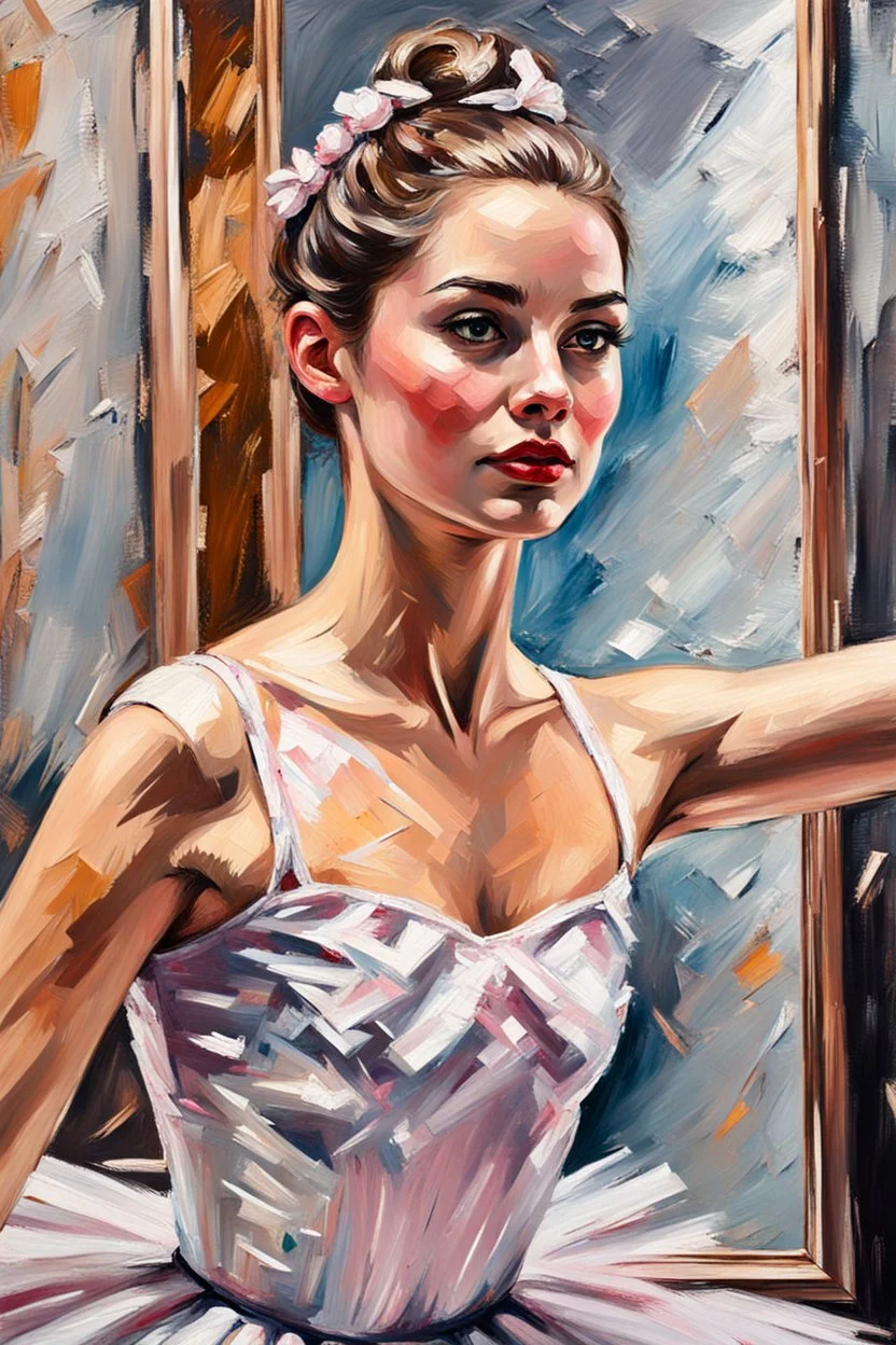 close up realistic portrait of a ballerina, stretching next to a mirror, in impasto style, thick strokes of oil paint, realistic thick textures