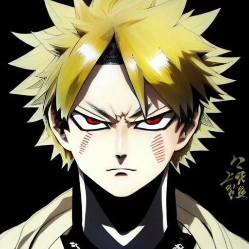 Detailed anime portrait of bakugo from my hero academia, gold hair and golden eyes, black suit, intricate details, full body portrait, keep head in frame, slight smile, black Japanese motif, concept art, highly detailed, digital painting, concept art, sharp focus, illustration, art by Yoji Shinkawa, WLOP and greg rutkowski and alphonse mucha and artgerm and yanjun Chen and Junji ito and Makoto Shinkai, HDR, octane render