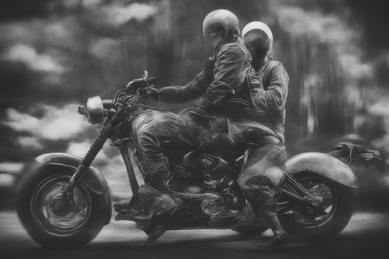 A man riding a vintage motorcycle, with the essence of Grisaille and the fluid dynamics of Ferrofluid surrounding him. -ar 16:9-s 50-