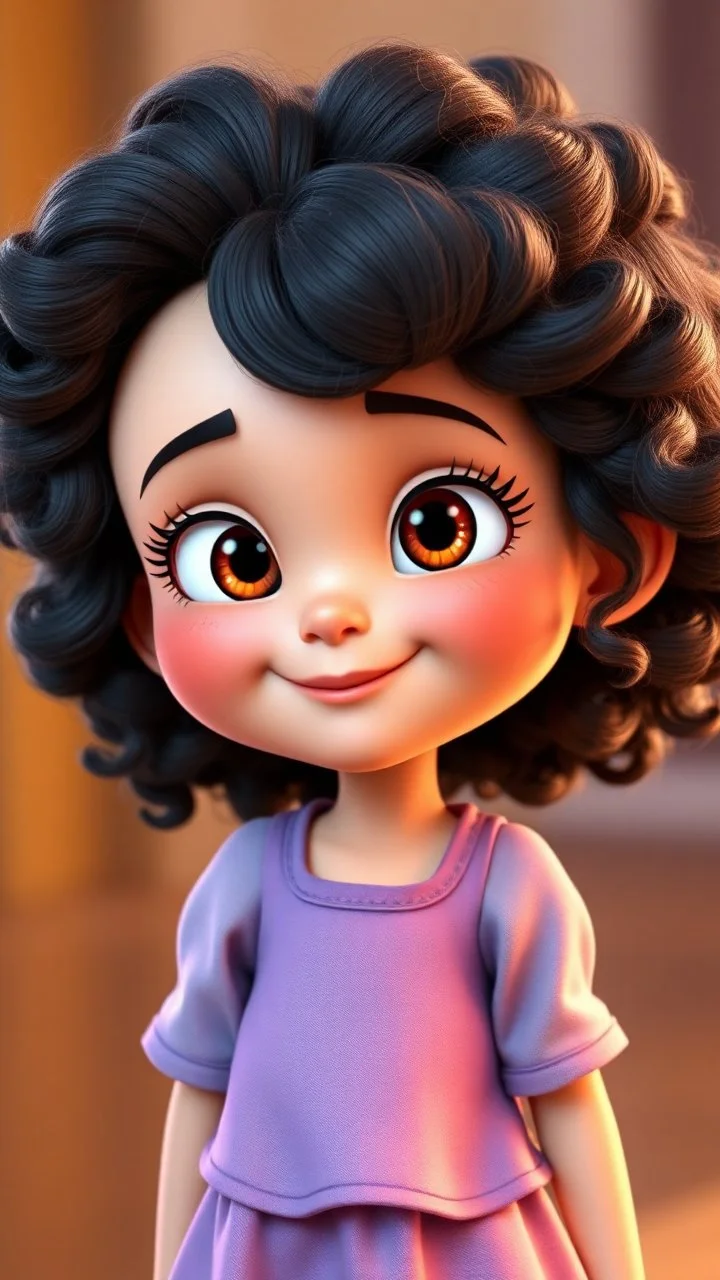 A little cartoon girl in Disney-Pixar animation style. Beautiful exaggerated features, highly expressive and lively face, 3D design with excellent lighting and texture. Curly voluminous hair, a heartwarming smile.