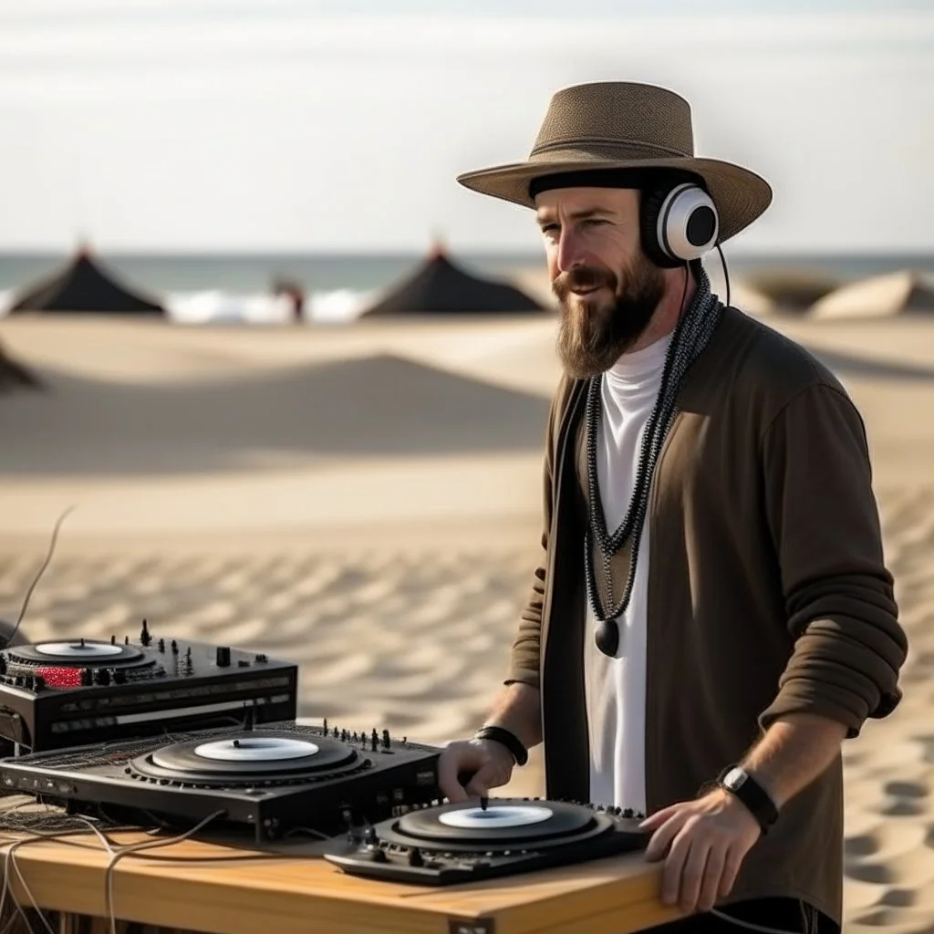 A short brown beard DJ with a hat on his head, sing at microphone, many electronic consoles around, empty dunes beach, FRONT VIEW