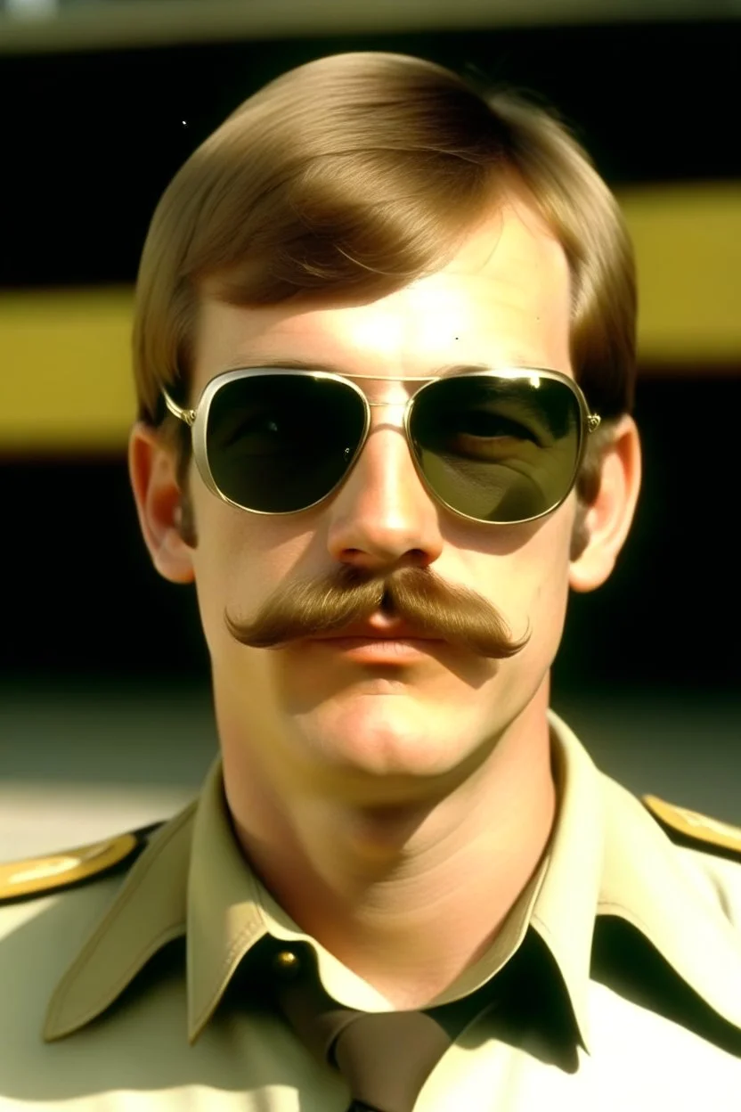 Young Jeffrey Dahmer in sheriff uniform with sunglasses and a mustache