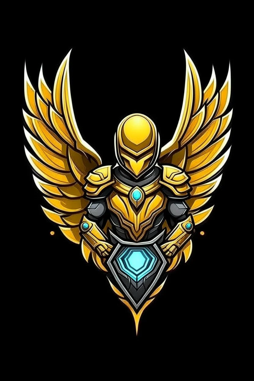 Gaming yuong man have a wings with a golden armor and gem is five integrated avatar logo design