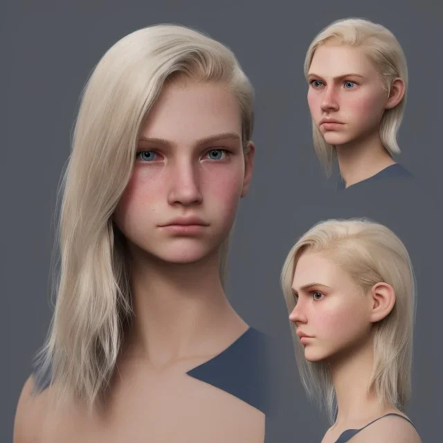 16 years old women, named Gretchen Marie Bernath - light-blonde hair, round blue eyes, medium cold skin tone, defined jawline and cheek bones, full eyebrows, short, curvy, natural, mature, warrior, hard worker, strong, muscular, enduring, cocky, caring, dramatic, confident