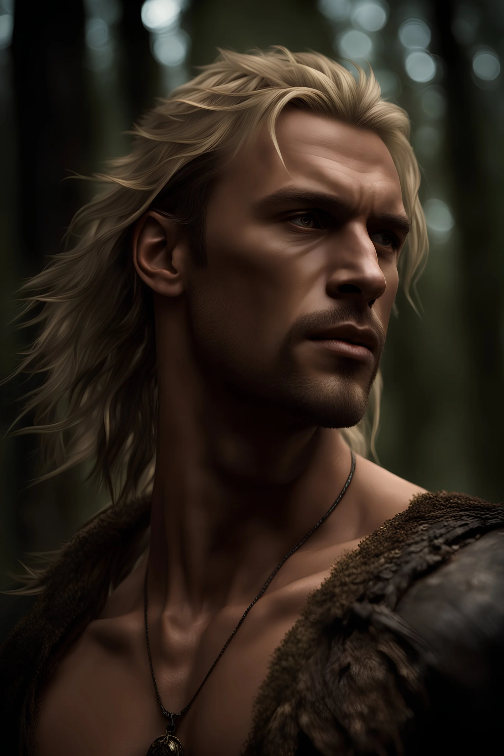 Tall muscular man, heavy set, aged 35 with light shaggy hair which falls around his shoulders, blonde neatly trimmed beard, bare chested, photorealistic, dark fantasy, forest.