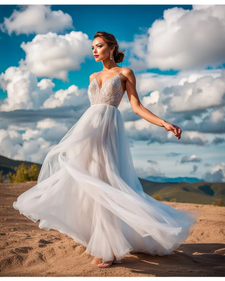 full-body closeup shot of a young, beautiful girl with a perfect face and makeup,wearing pretty dance dress standing in a stage in open air nice hills , blue sky ,pretty clouds at distant