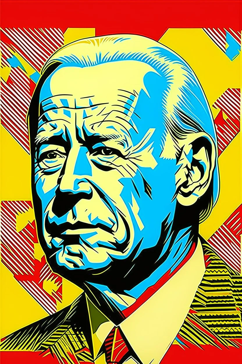 stylized stencil portrait of Joe biden in solid red, beige and (light and dark) blue with the mandarin characters for "obey" overlaid on the bottom of the image in yellow