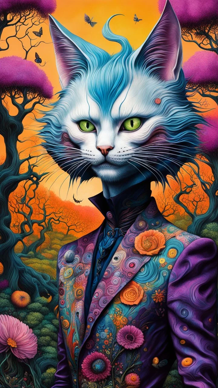 full body ink oil portrait of Tilda Swinton as an Evil Cheshire Cat , in a surreal Wonderland landscape with trees of strange shapes, and flowers of all kinds in the style of Max Ernst, Yves Tanguy, Zdzislaw Beksinski, and Ravi Zupa, highly detailed hair and facial features, in vibrant chromatic colors