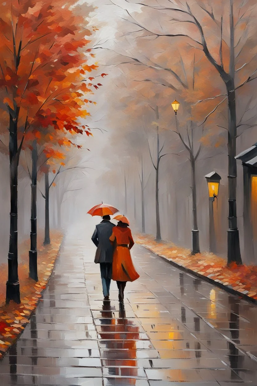 impressionism, oil, heavy impasto: dull and dreary deserted wet autumn cobbled grey street in a small town, heavy fog, trees, single fallen leaf on road, leaf in shades of pale orange and copper-red,autumn depression, a man and a woman walking together and hugging each other under an umbrella melancholic vibe, unsaturated colors, faded palette, ground level view, deep low wide angle, a train track by the side of the city