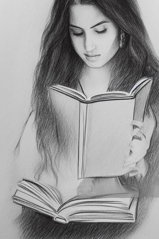 Pencil sketch of Young woman, Arab features,sad, long wavy hair, reading a book, full body، on lined paper