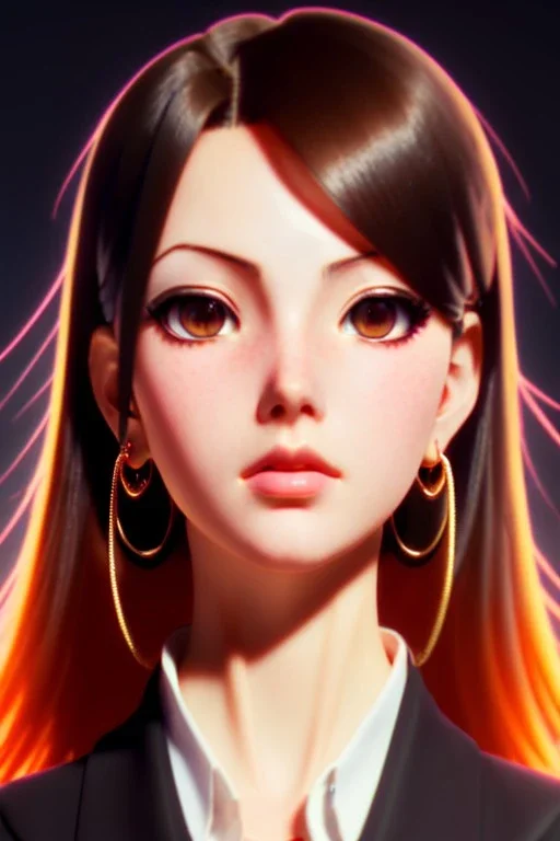 young anime business woman, brown hair, dark orange eyes, hoop earrings, red blouse, elegant, dark eyeshadow, black eyeliner, high arch angular eyebrows, head and shoulders portrait, 8k resolution, WLOP, Alphonse Mucha dynamic lighting, hyperdetailed, intricately detailed, retroanime