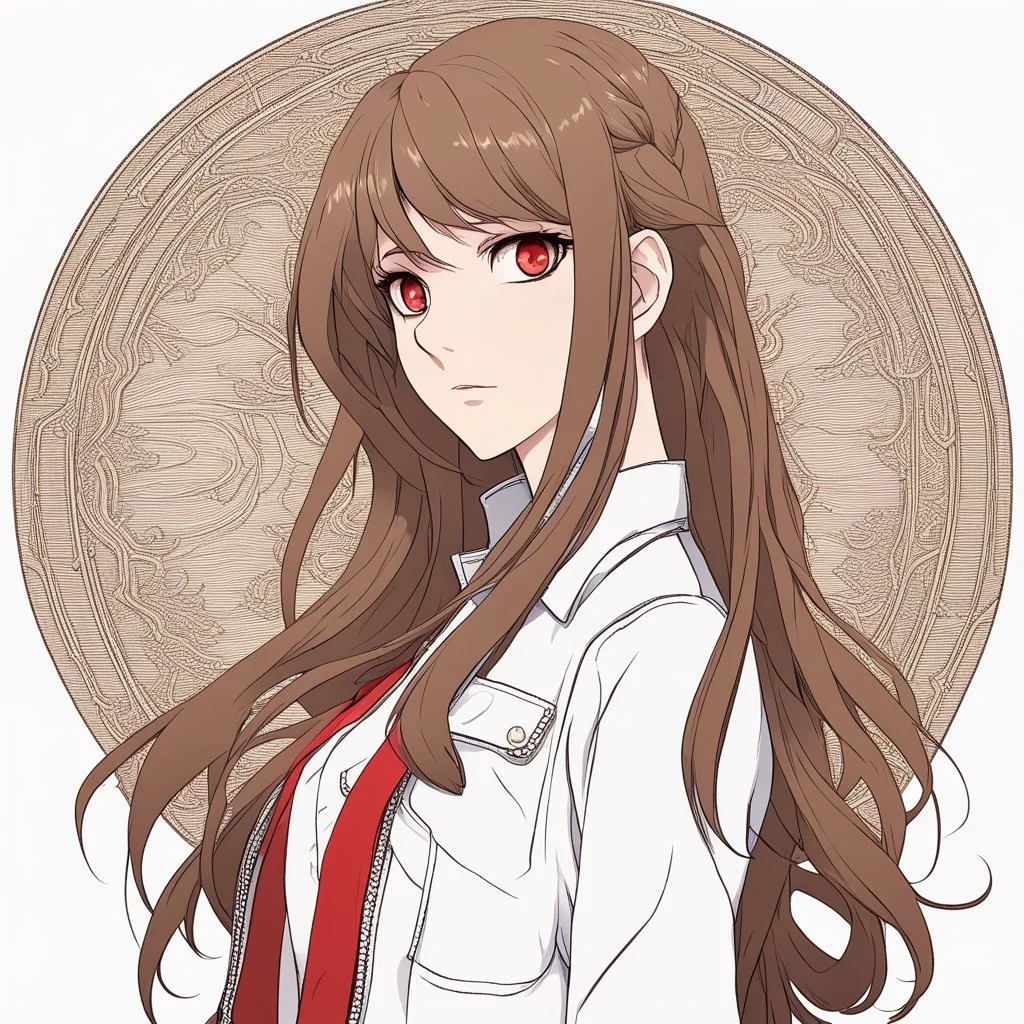 A headshot of a confident woman with long brown hair and red eyes, wearing casual, modern attire, colored manga style, intricately detailed,