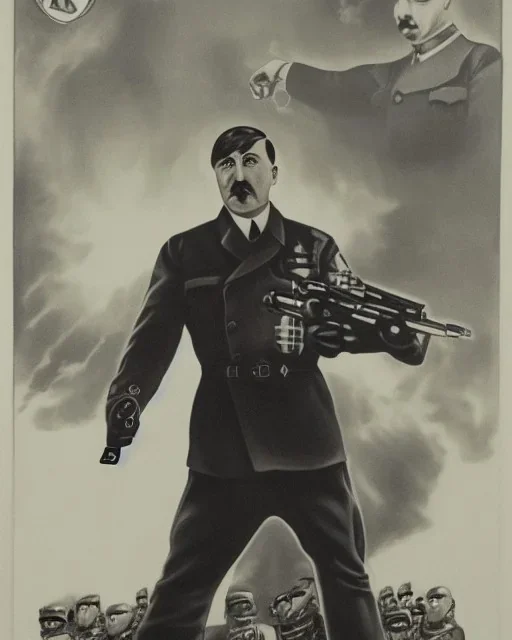 portrait of Hitler holding a gun, full, detailed, cinematic, post apoclypse world