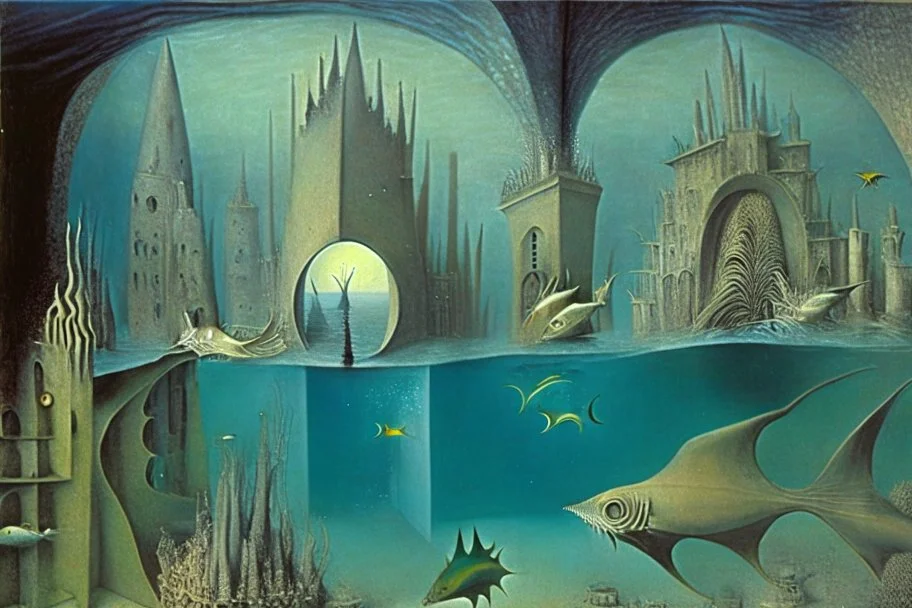 An underwater city by "Leonora Carrington" and "Max Ernst"