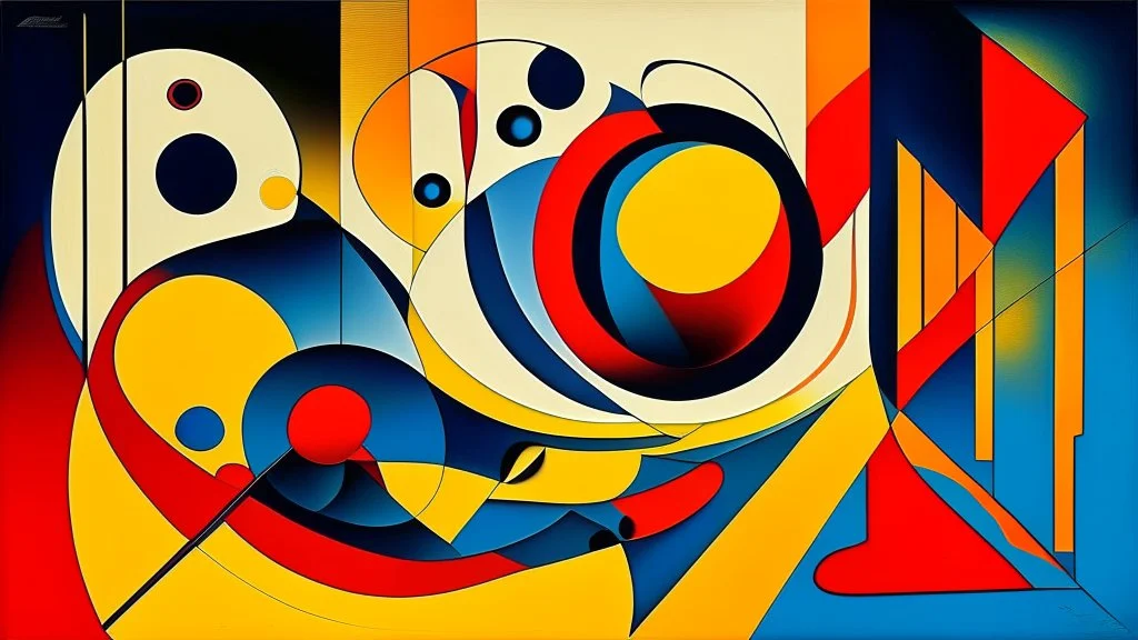 Journey to the world of abstract symmetry and geometry: curves, waves, straight lines and other shapes of yellow, red and blue are complemented by secondary tones. Style WASSILY KANDINSKY