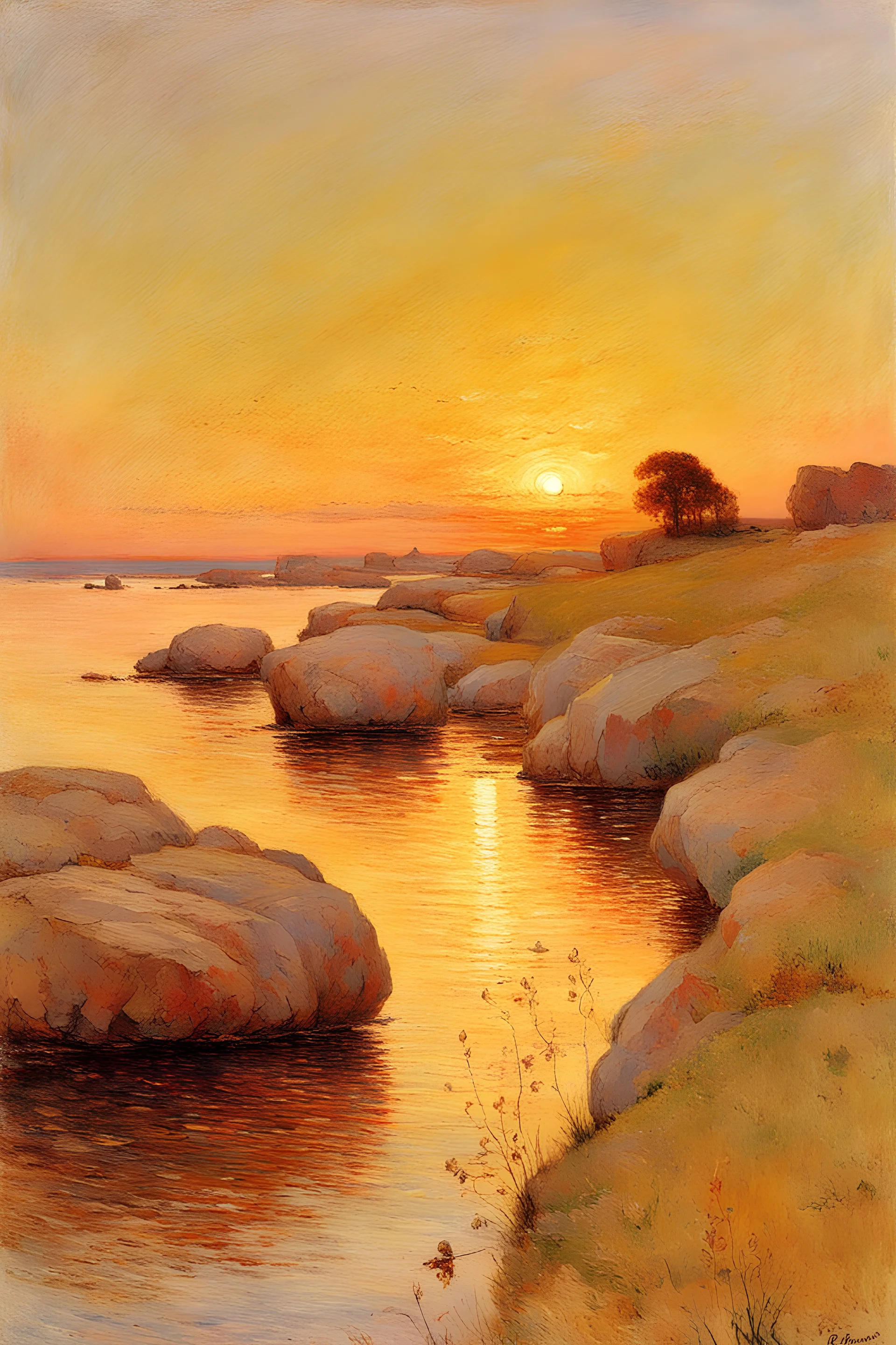 Sunset, rocks, hans am ende and emile claus impressionism paintings