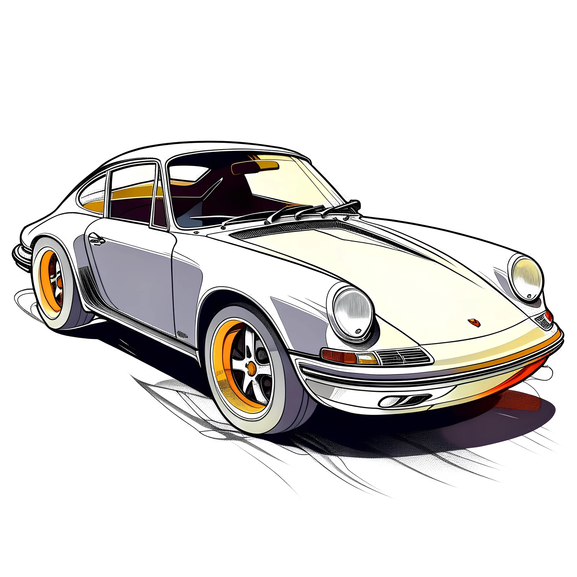 Créer une illustration d'une porsche avec des vitres teintées dégradés de couleur, roues et des phares avec des dégradés de couleur. dessiné à la main, style lines art vector, ligne fines, contour noir, fond blanc brut, pas de dégradé, ludique, de haute qualité, dessiné