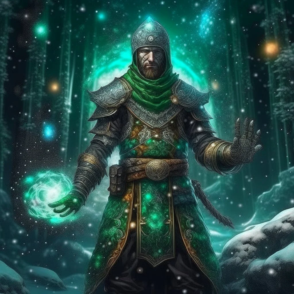 The Muslim commander in a battle dress made of galaxies and stars with a glove that has seven endless stones with a powerful army behind him A forest with dense trees in space between galaxies